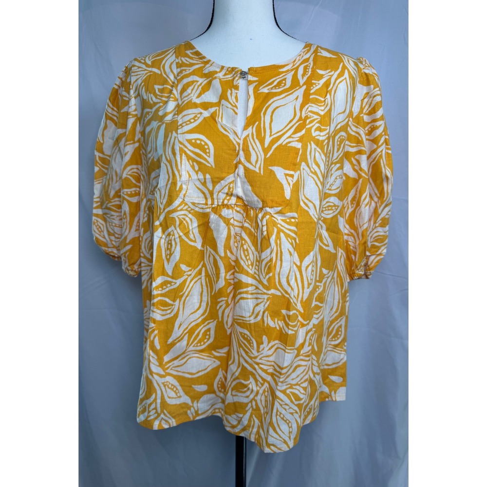 Panama Jack Linen Blend Tropical Puff Sleeve Top Blouse Womens L Yellow NWT